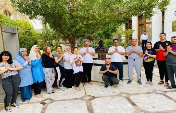 A newly-installed Mahatma Gandhi's statue at the Embassy of India in Baghdad. The statue of the iconic personality who is a symbol of universal peace, co-existence and nonviolence has been donated by the Indian Council for Cultural Relations of India (ICCR).  Today all Iraqi Yoga enthusiasts came together to understand the value of Mahatma Gandhi’s teachings in their personal and social lives